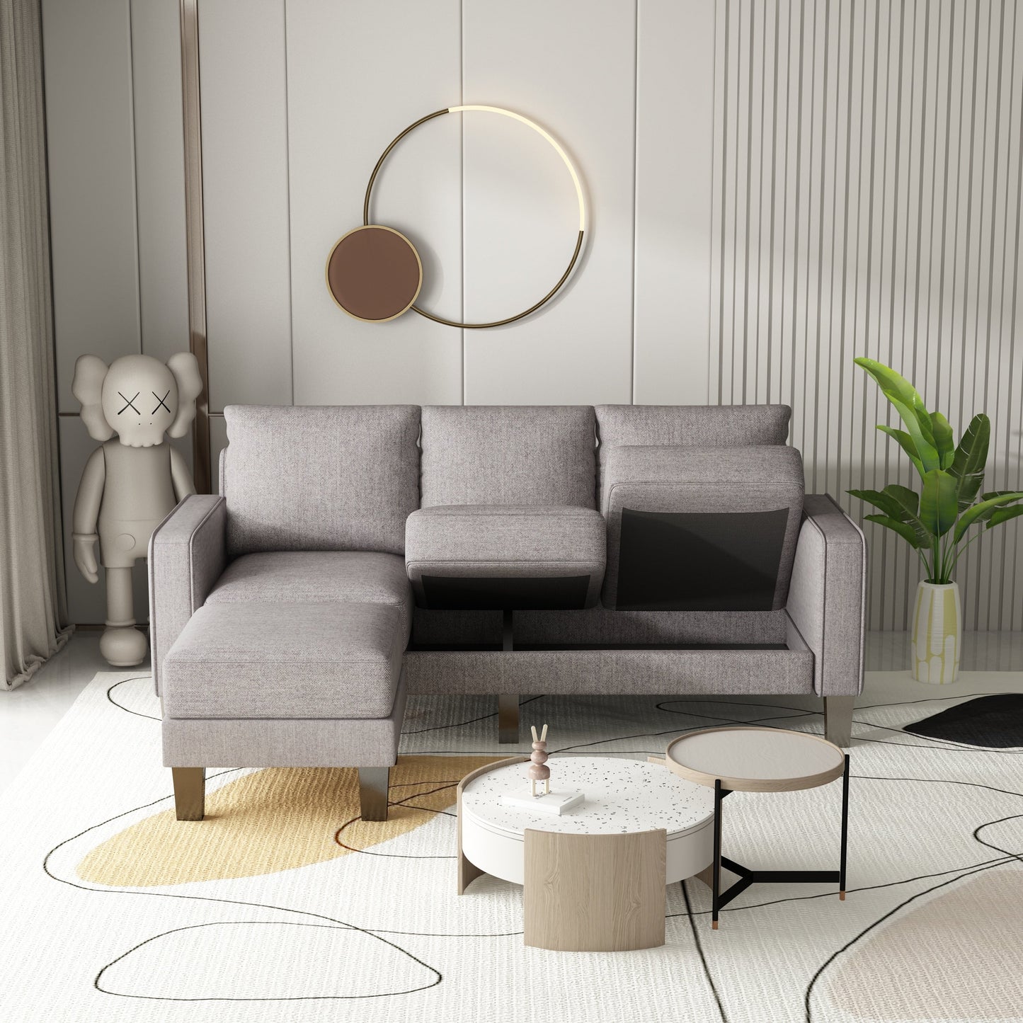 Upholstered 3-Seat Sofa with Ottoman, Removable Cushion Cover and Small Storage Space