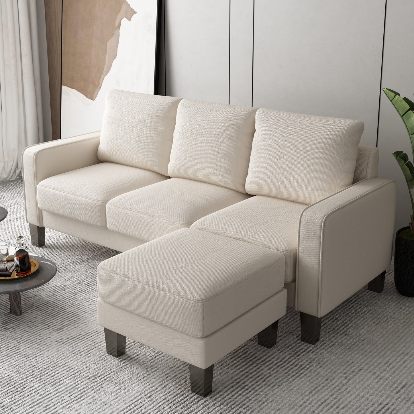 Upholstered 3-Seat Sofa with Ottoman, Removable Cushion Cover and Small Storage Space