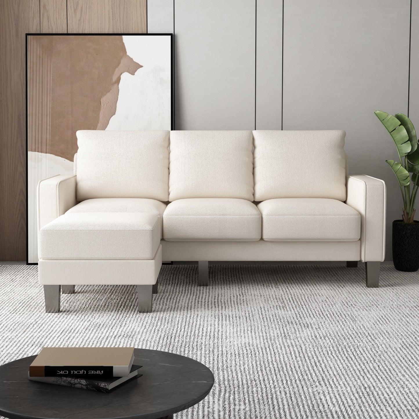 Upholstered 3-Seat Sofa with Ottoman, Removable Cushion Cover and Small Storage Space