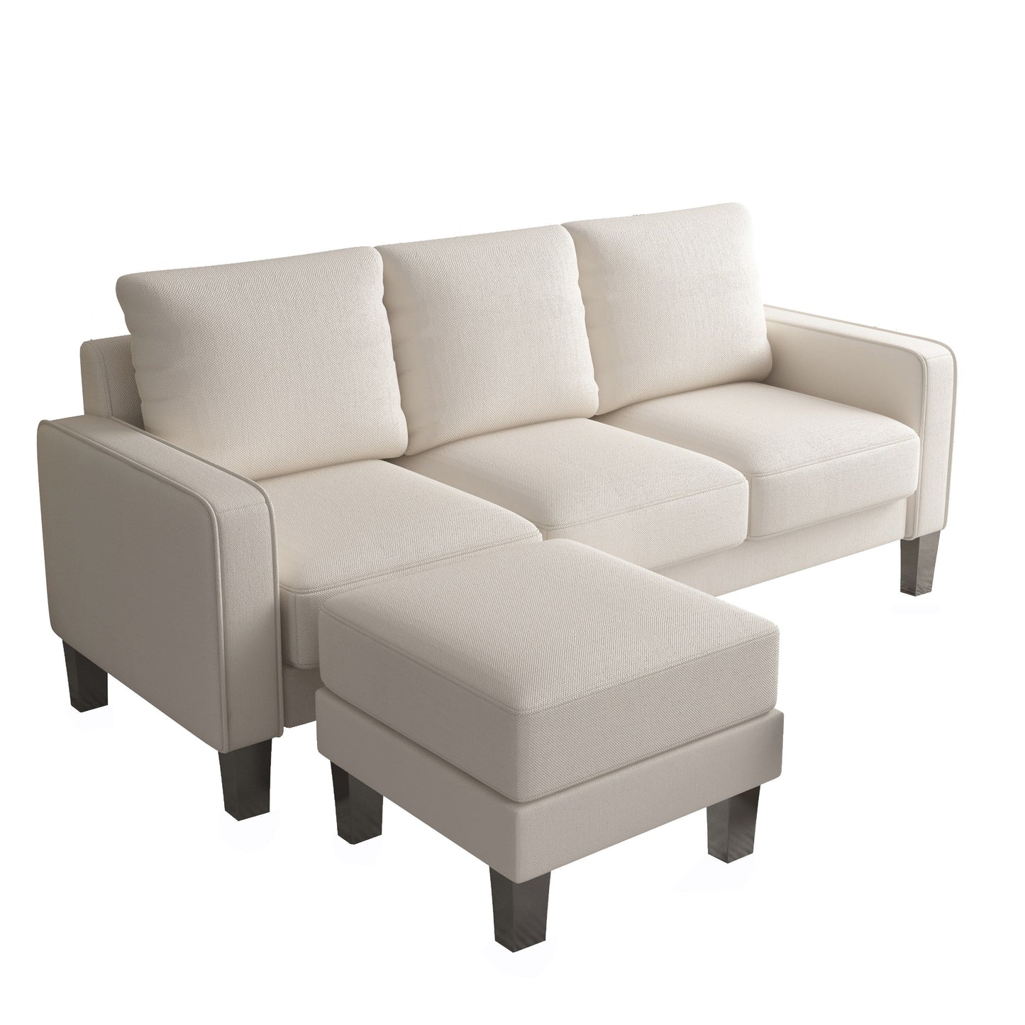 Upholstered 3-Seat Sofa with Ottoman, Removable Cushion Cover and Small Storage Space