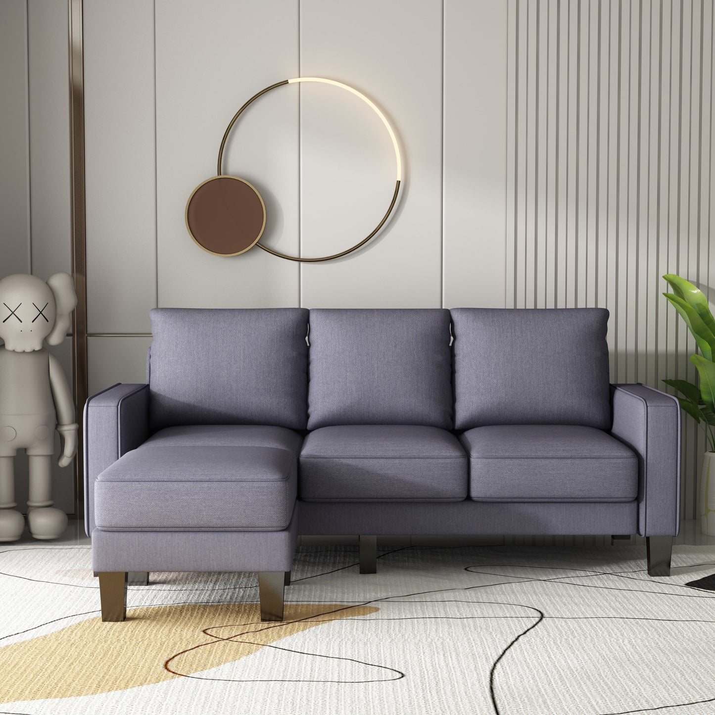 Upholstered 3-Seat Sofa with Ottoman, Removable Cushion Cover and Small Storage Space