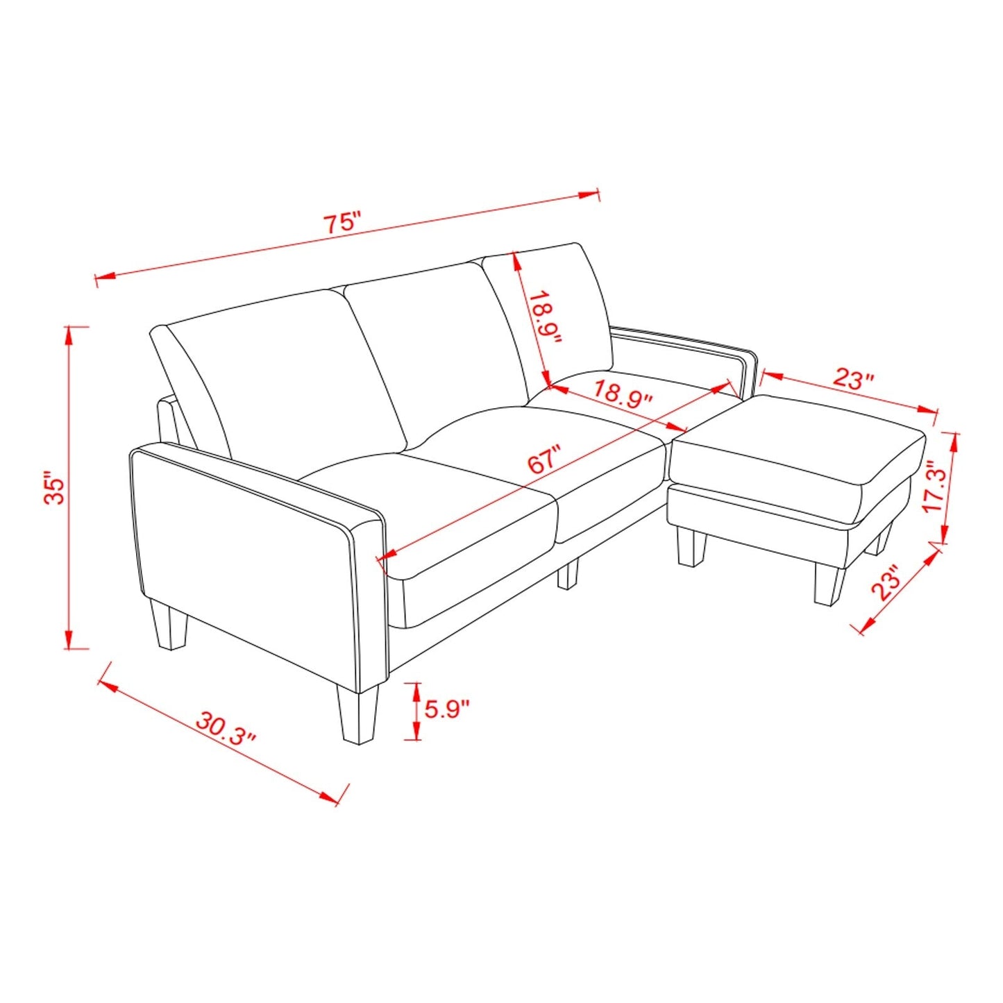 Upholstered 3-Seat Sofa with Ottoman, Removable Cushion Cover and Small Storage Space