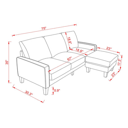 Upholstered 3-Seat Sofa with Ottoman, Removable Cushion Cover and Small Storage Space