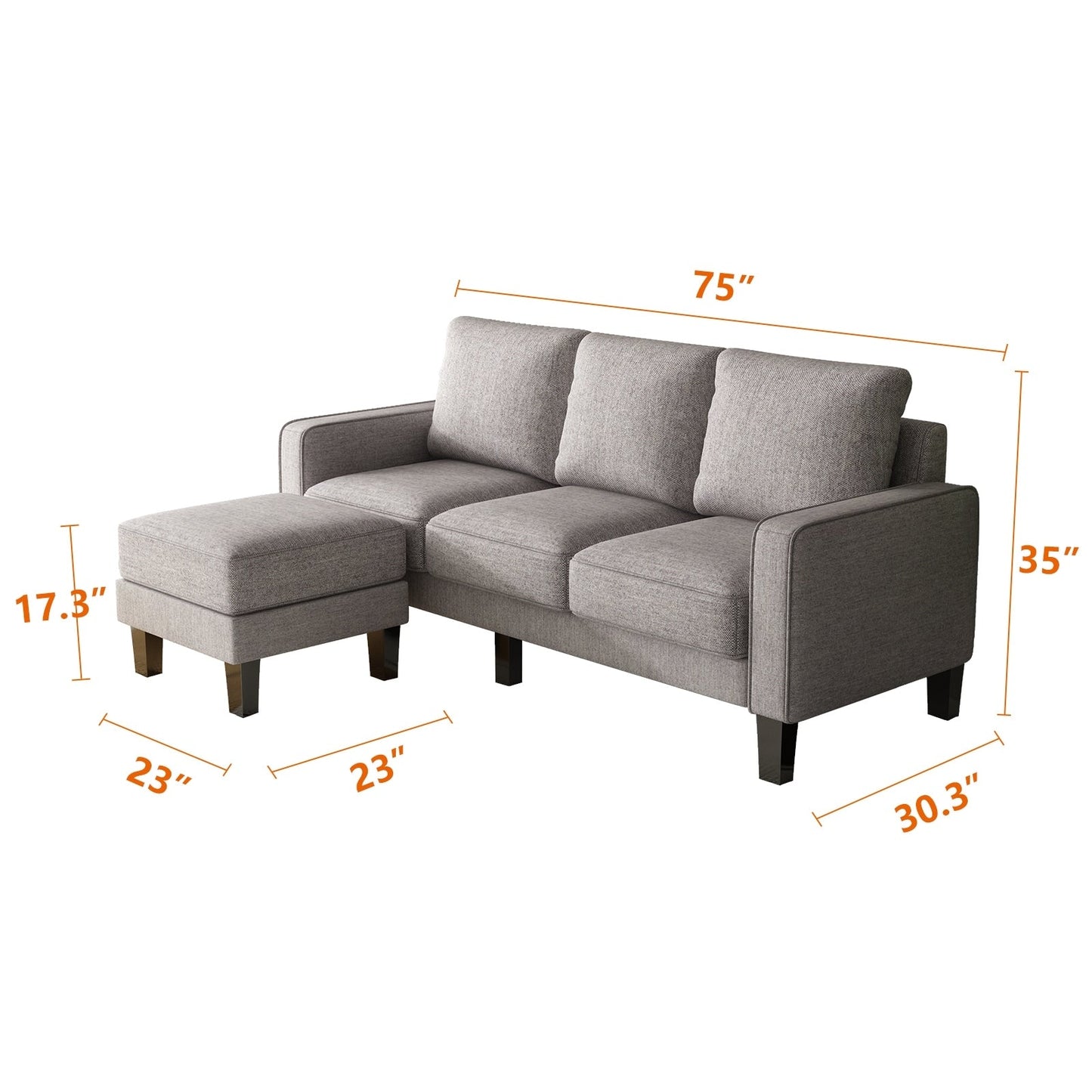 Upholstered 3-Seat Sofa with Ottoman, Removable Cushion Cover and Small Storage Space
