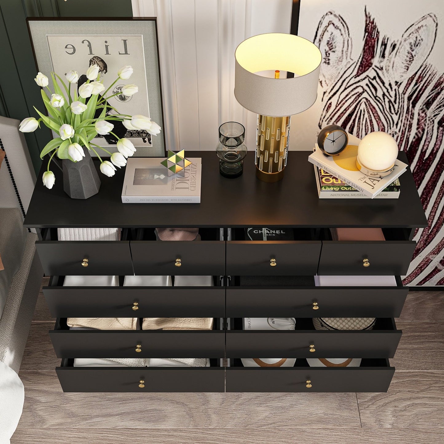 Commode double à 10 tiroirs pour chambre à coucher, commode blanche, grand espace de rangement