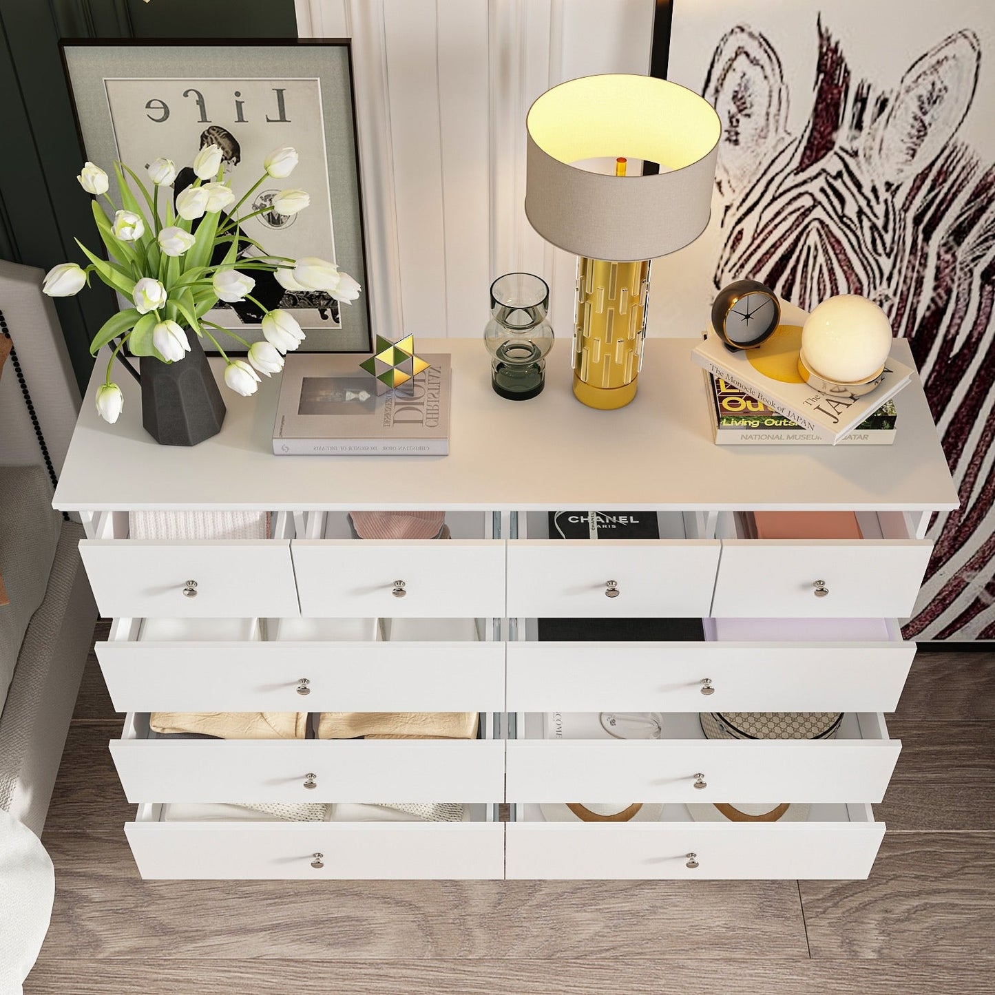 Commode double à 10 tiroirs pour chambre à coucher, commode blanche, grand espace de rangement