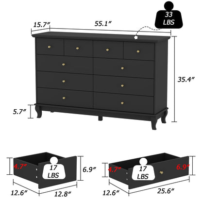 Commode double à 10 tiroirs pour chambre à coucher, commode blanche, grand espace de rangement