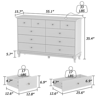 Commode double à 10 tiroirs pour chambre à coucher, commode blanche, grand espace de rangement