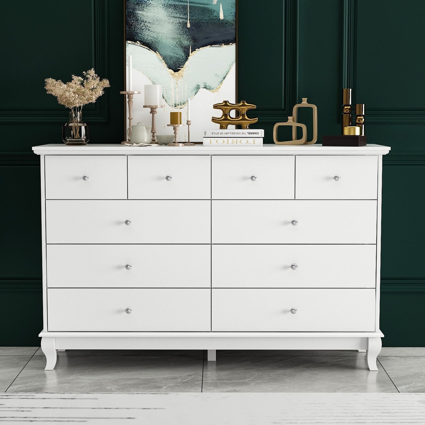 Commode double à 10 tiroirs pour chambre à coucher, commode blanche, grand espace de rangement