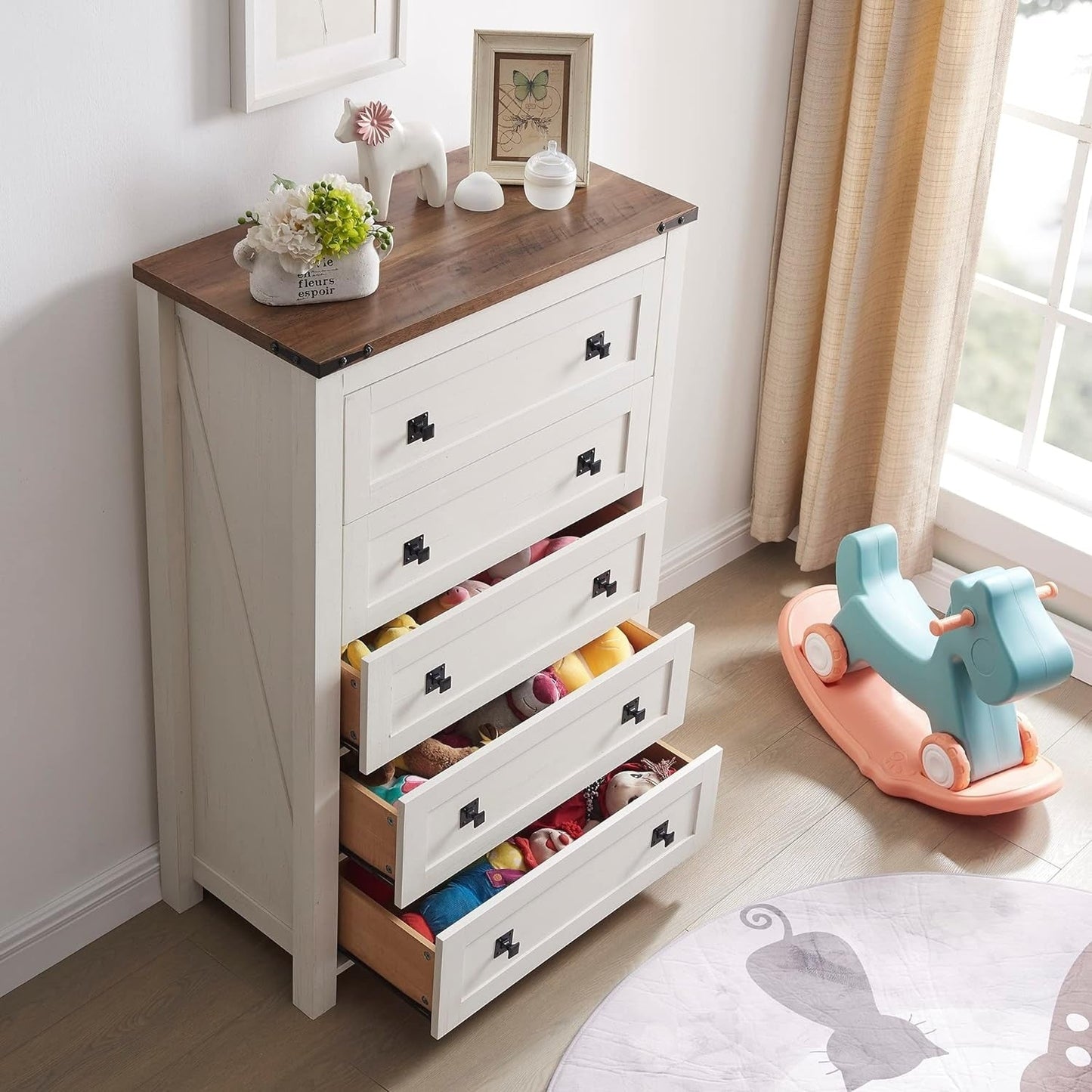 Commode haute en bois à 5 tiroirs de style ferme, commode pour chambre à coucher