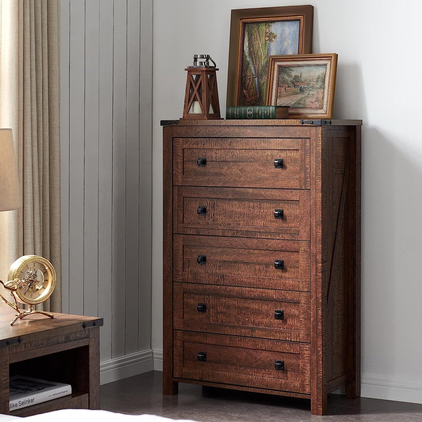 Commode haute en bois à 5 tiroirs de style ferme, commode pour chambre à coucher