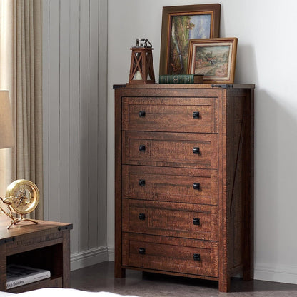 Commode haute en bois à 5 tiroirs de style ferme, commode pour chambre à coucher
