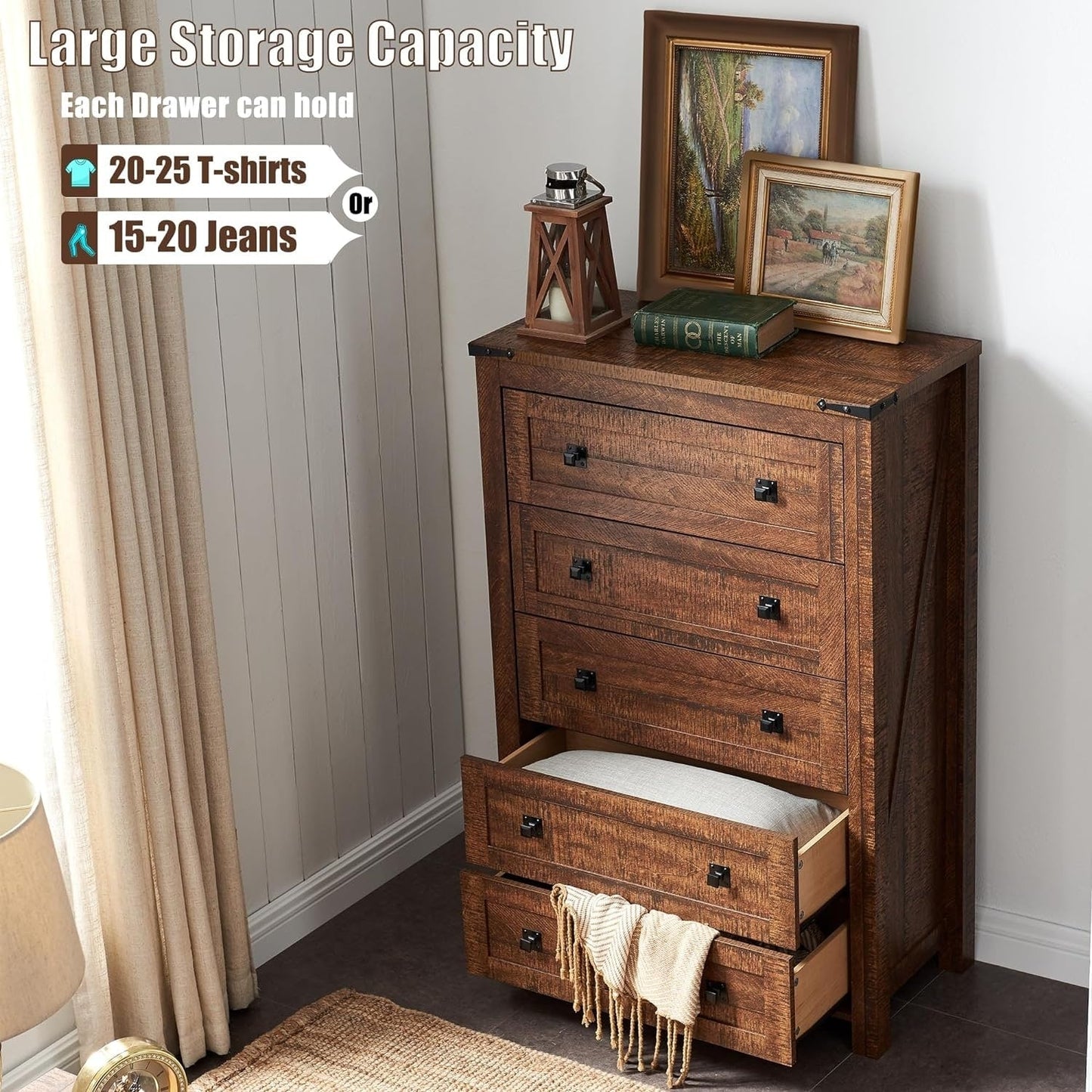 Commode haute en bois à 5 tiroirs de style ferme, commode pour chambre à coucher