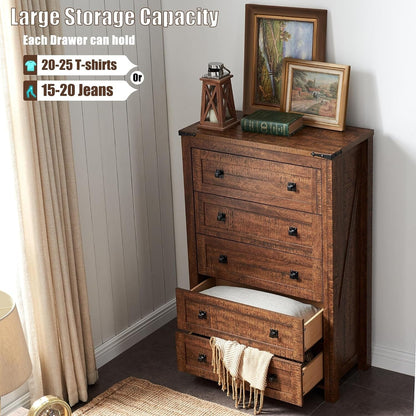 Commode haute en bois à 5 tiroirs de style ferme, commode pour chambre à coucher