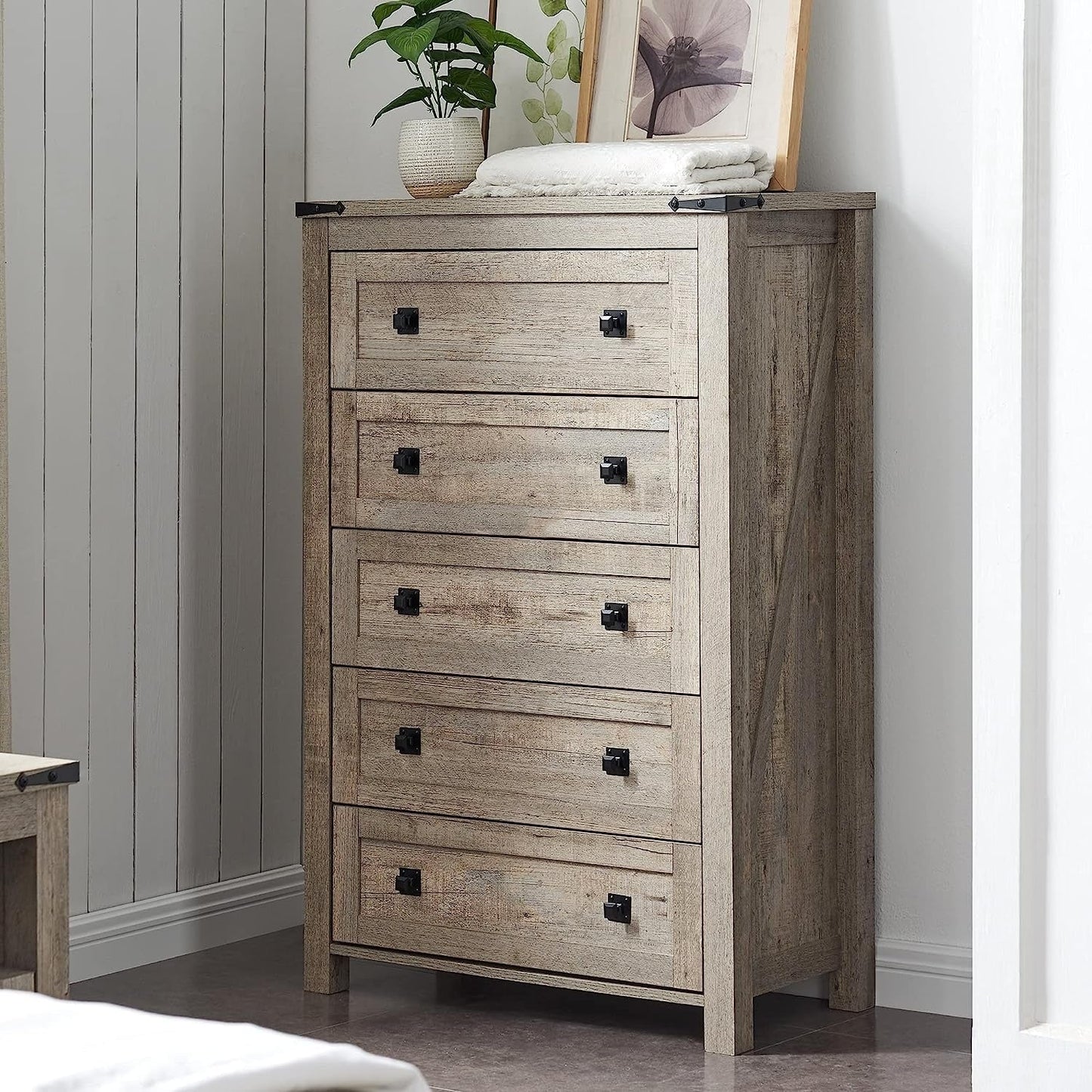 Commode haute en bois à 5 tiroirs de style ferme, commode pour chambre à coucher