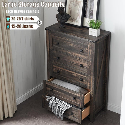 Commode haute en bois à 5 tiroirs de style ferme, commode pour chambre à coucher