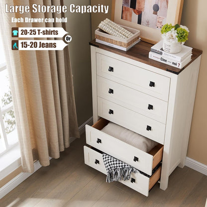 Commode haute en bois à 5 tiroirs de style ferme, commode pour chambre à coucher
