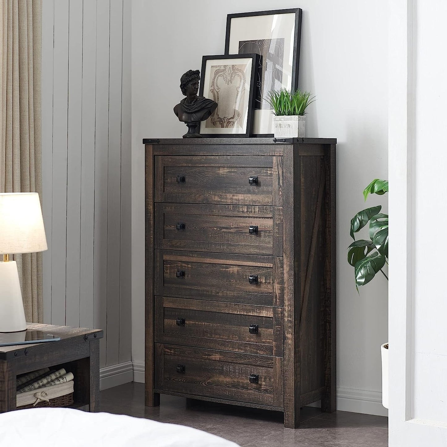 Commode haute en bois à 5 tiroirs de style ferme, commode pour chambre à coucher