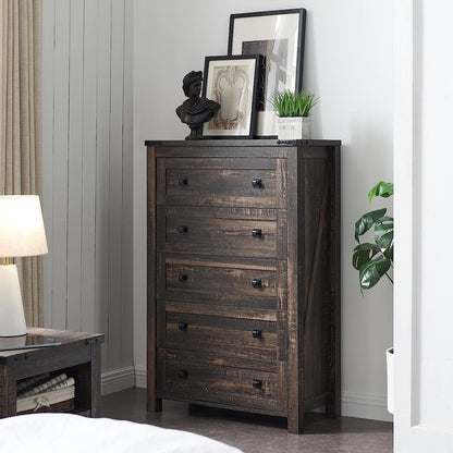 Commode haute en bois à 5 tiroirs de style ferme, commode pour chambre à coucher