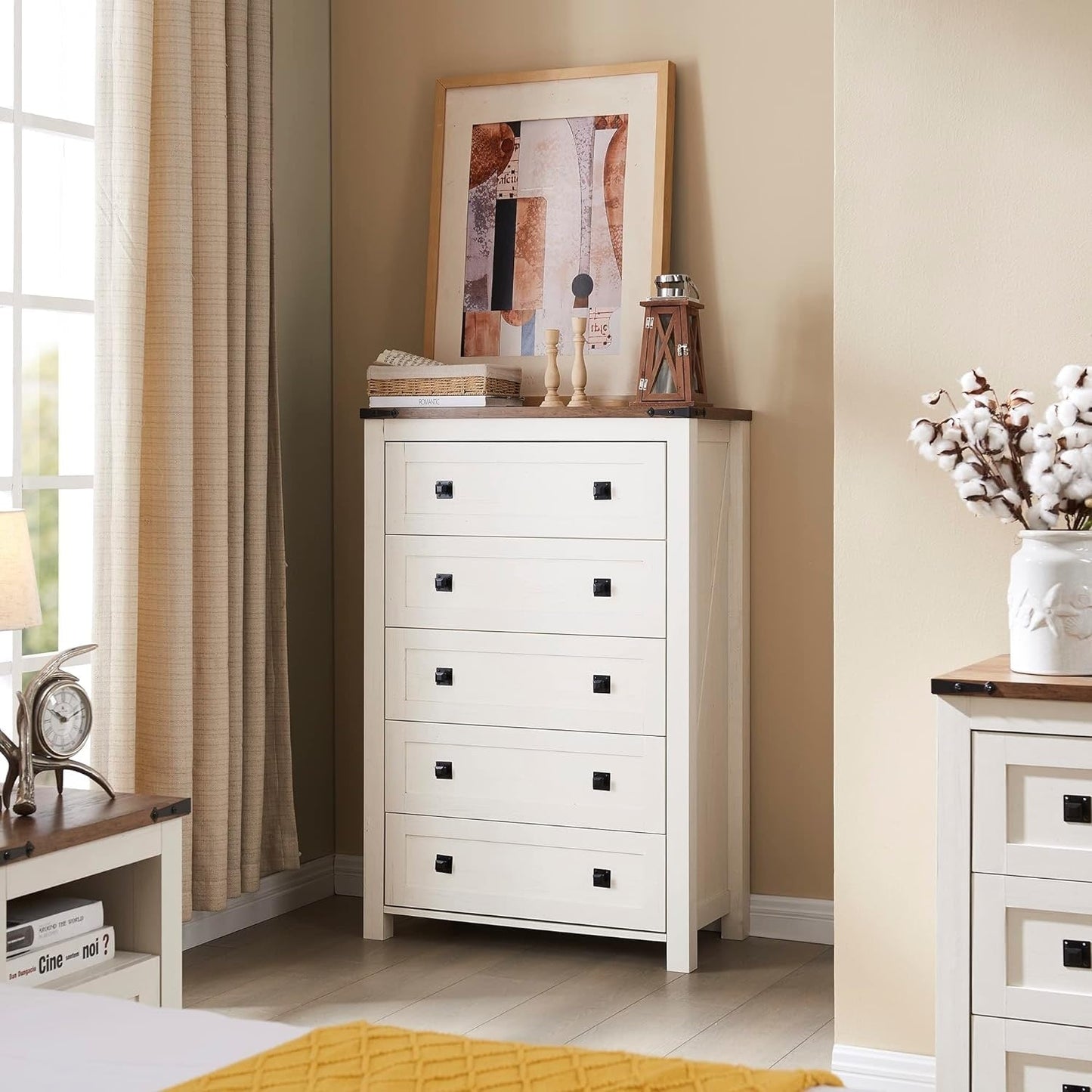 Commode haute en bois à 5 tiroirs de style ferme, commode pour chambre à coucher
