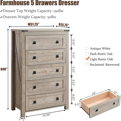 Commode haute en bois à 5 tiroirs de style ferme, commode pour chambre à coucher