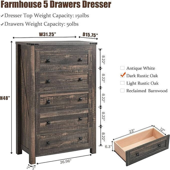 Commode haute en bois à 5 tiroirs de style ferme, commode pour chambre à coucher