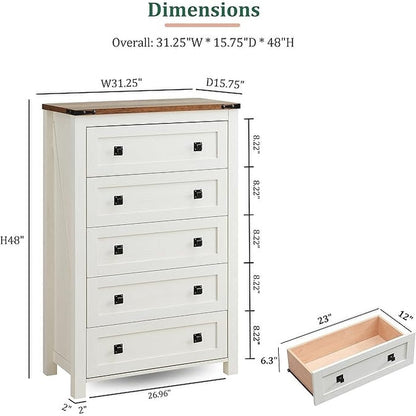 Commode haute en bois à 5 tiroirs de style ferme, commode pour chambre à coucher