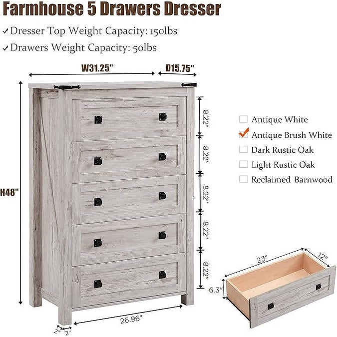 Commode haute en bois à 5 tiroirs de style ferme, commode pour chambre à coucher