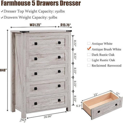 Commode haute en bois à 5 tiroirs de style ferme, commode pour chambre à coucher