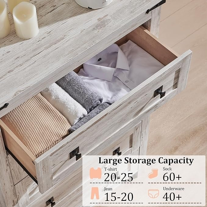 Commode haute en bois à 5 tiroirs de style ferme, commode pour chambre à coucher