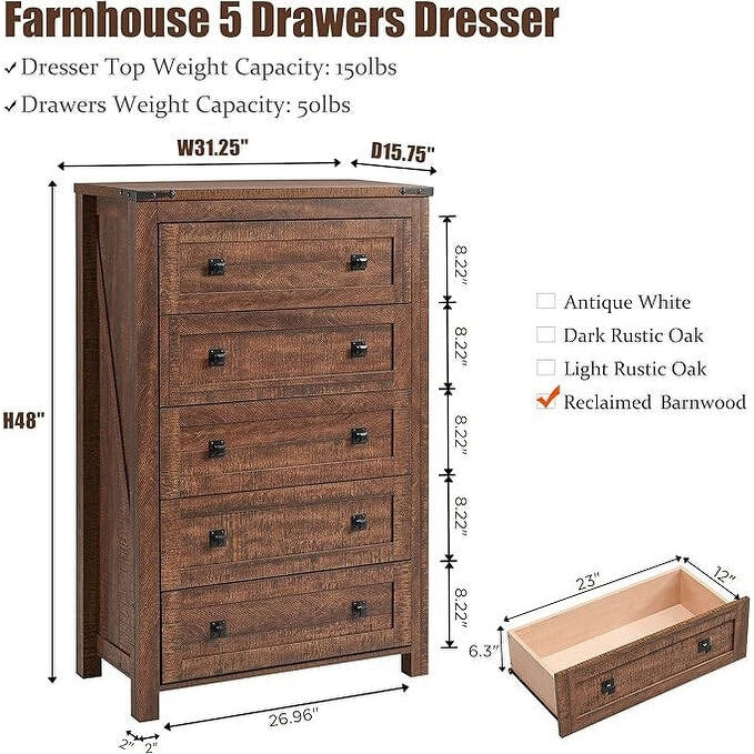 Commode haute en bois à 5 tiroirs de style ferme, commode pour chambre à coucher