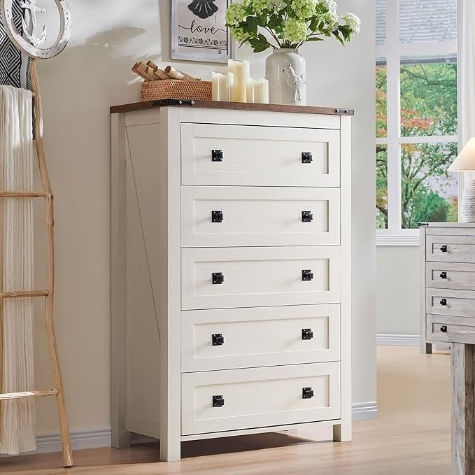 Commode haute en bois à 5 tiroirs de style ferme, commode pour chambre à coucher