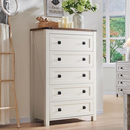 Commode haute en bois à 5 tiroirs de style ferme, commode pour chambre à coucher