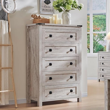 Commode haute en bois à 5 tiroirs de style ferme, commode pour chambre à coucher