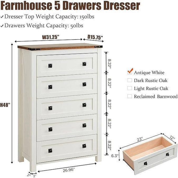 Commode haute en bois à 5 tiroirs de style ferme, commode pour chambre à coucher