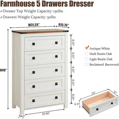 Commode haute en bois à 5 tiroirs de style ferme, commode pour chambre à coucher