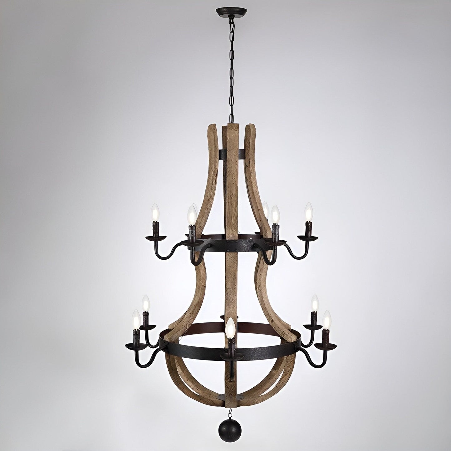 Lustre à 12 lumières de style campagnard français à deux niveaux en forme de tonneau à vin