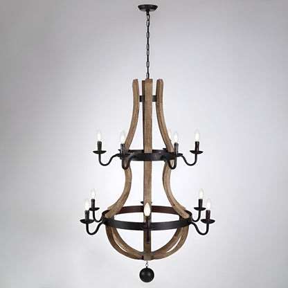 Lustre à 12 lumières de style campagnard français à deux niveaux en forme de tonneau à vin