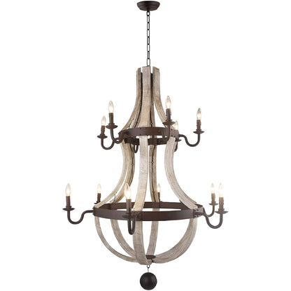 Lustre à 12 lumières de style campagnard français à deux niveaux en forme de tonneau à vin