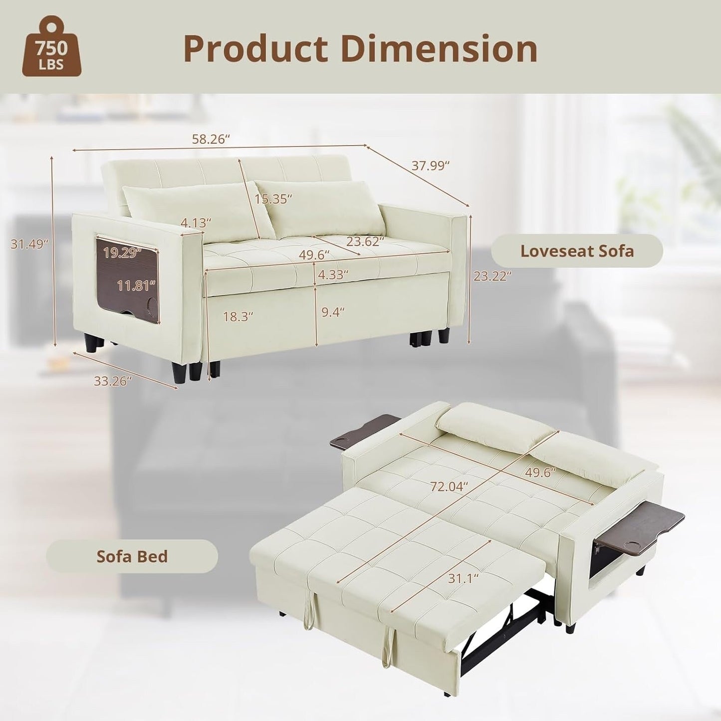 Canapé convertible en velours de 55 pouces, canapé futon 3 en 1 avec lit gigogne, dossier réglable, table d'appoint et 2 coussins lombaires