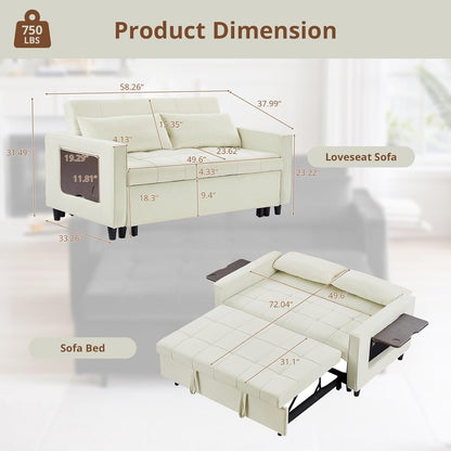 Canapé convertible en velours de 55 pouces, canapé futon 3 en 1 avec lit gigogne, dossier réglable, table d'appoint et 2 coussins lombaires