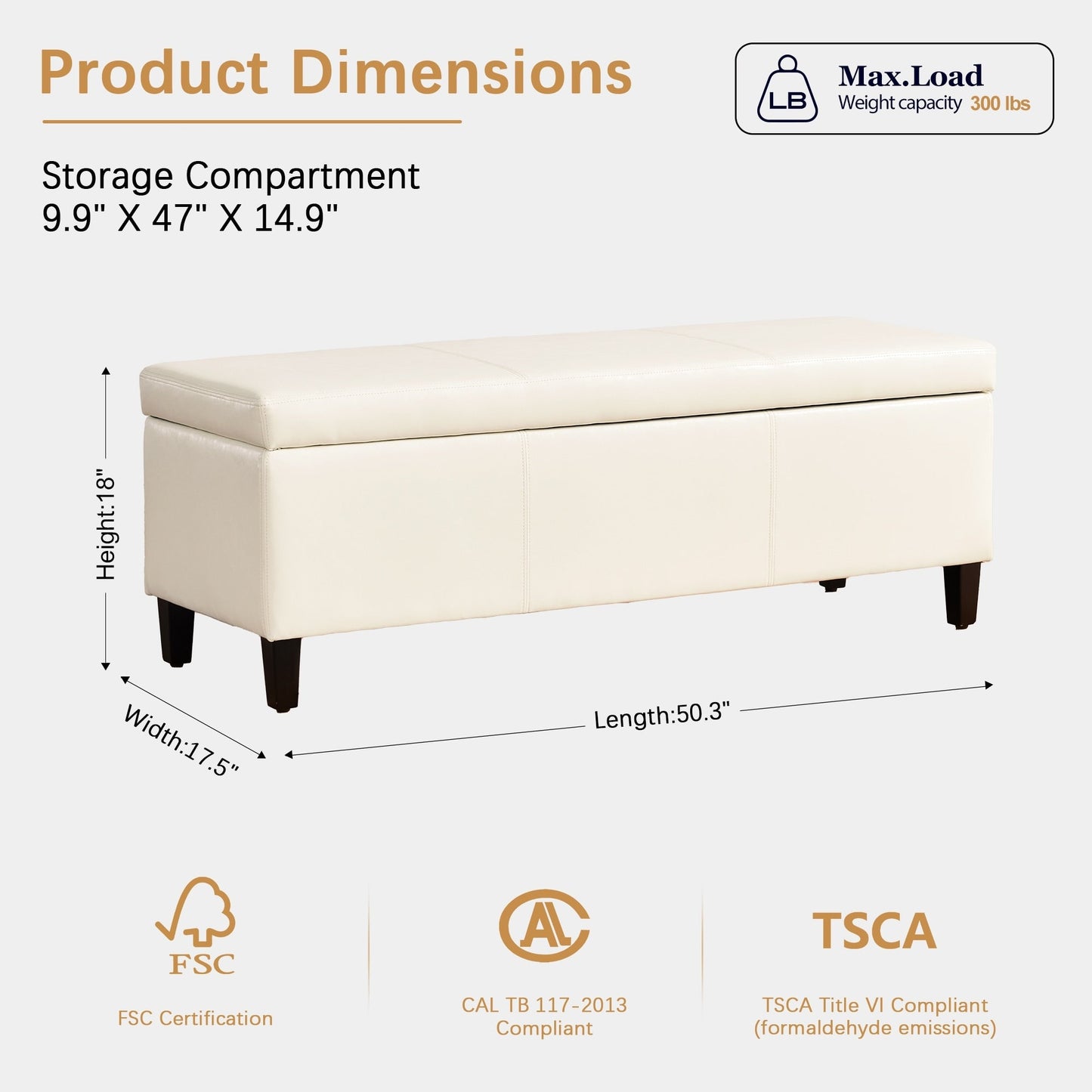 Pouf de rangement rectangulaire rembourré 50,3 x 17,50 x 18 po - Similicuir