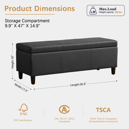 Pouf de rangement rectangulaire rembourré 50,3 x 17,50 x 18 po - Similicuir