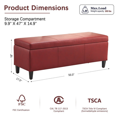 Pouf de rangement rectangulaire rembourré 50,3 x 17,50 x 18 po - Similicuir