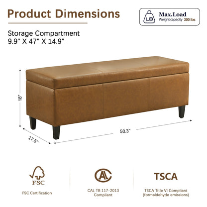 Pouf de rangement rectangulaire rembourré 50,3 x 17,50 x 18 po - Similicuir