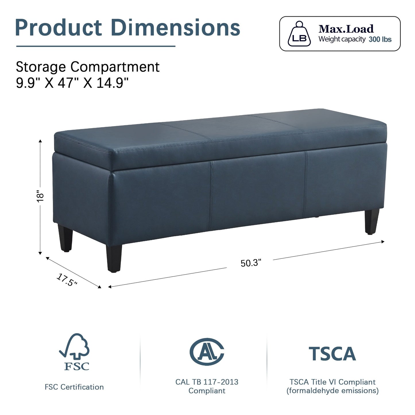 Pouf de rangement rectangulaire rembourré 50,3 x 17,50 x 18 po - Similicuir