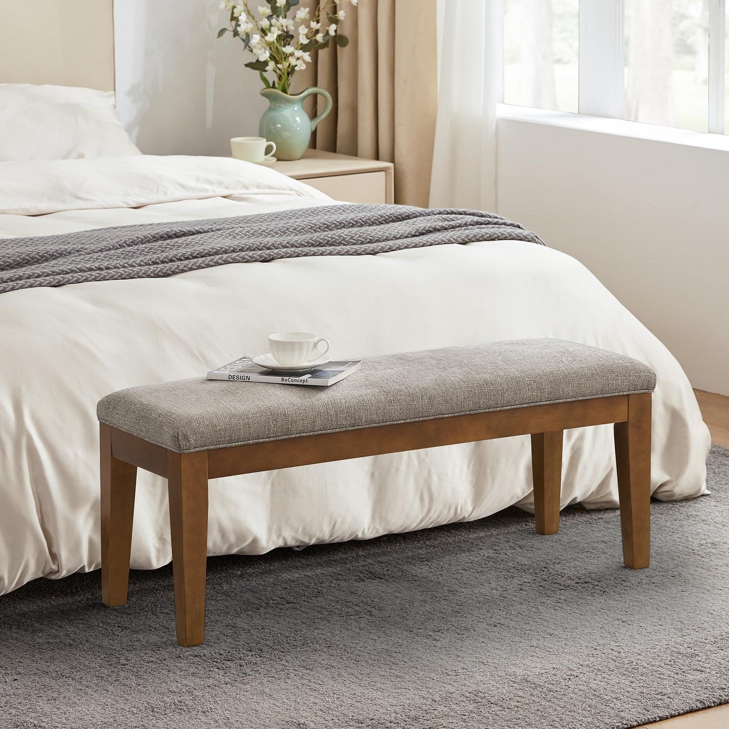 Banc d'entrée rembourré en tissu, banc de chambre pour bout de lit beige, bois massif 44 pouces
