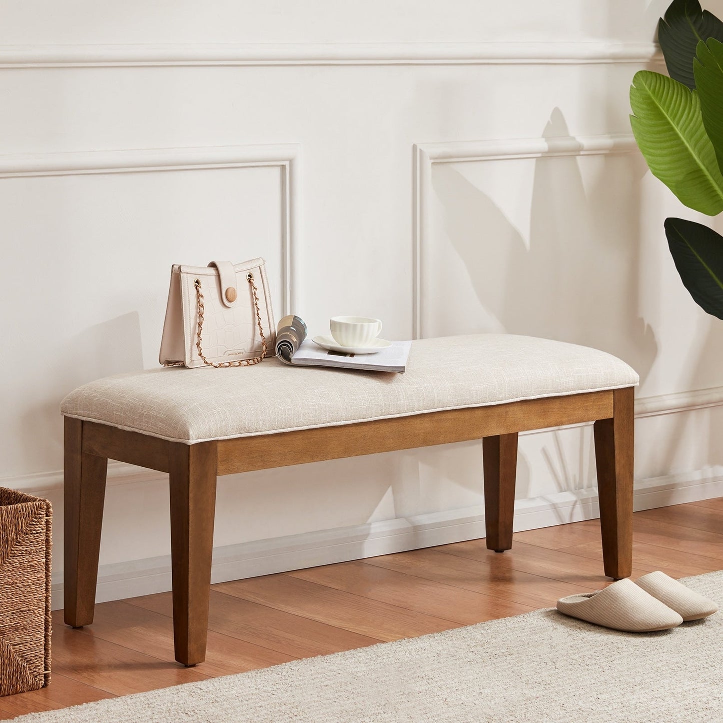 Banc d'entrée rembourré en tissu, banc de chambre pour bout de lit beige, bois massif 44 pouces