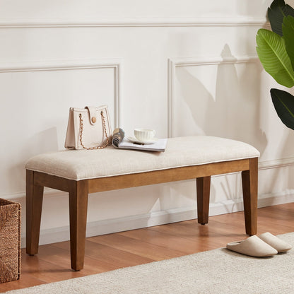 Banc d'entrée rembourré en tissu, banc de chambre pour bout de lit beige, bois massif 44 pouces