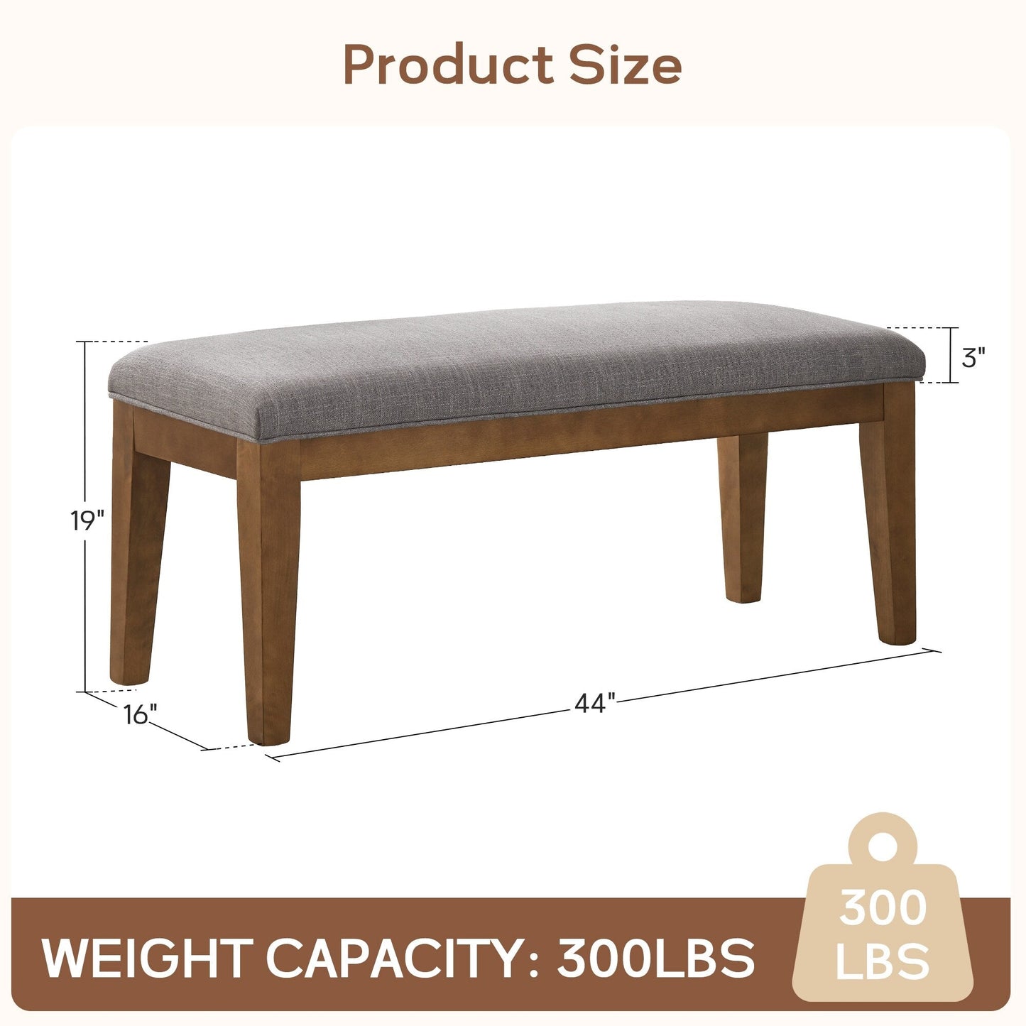 Banc d'entrée rembourré en tissu, banc de chambre pour bout de lit beige, bois massif 44 pouces